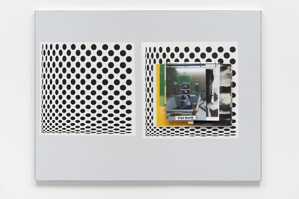 Richard Sides, 2 x Bridget Riley-style Op Art &amp; FLAT EARTH, 2022acrylic and varnish on mdf, clamp folder with laminatedmixed media, artist made aluminum frame90 × 120 cm