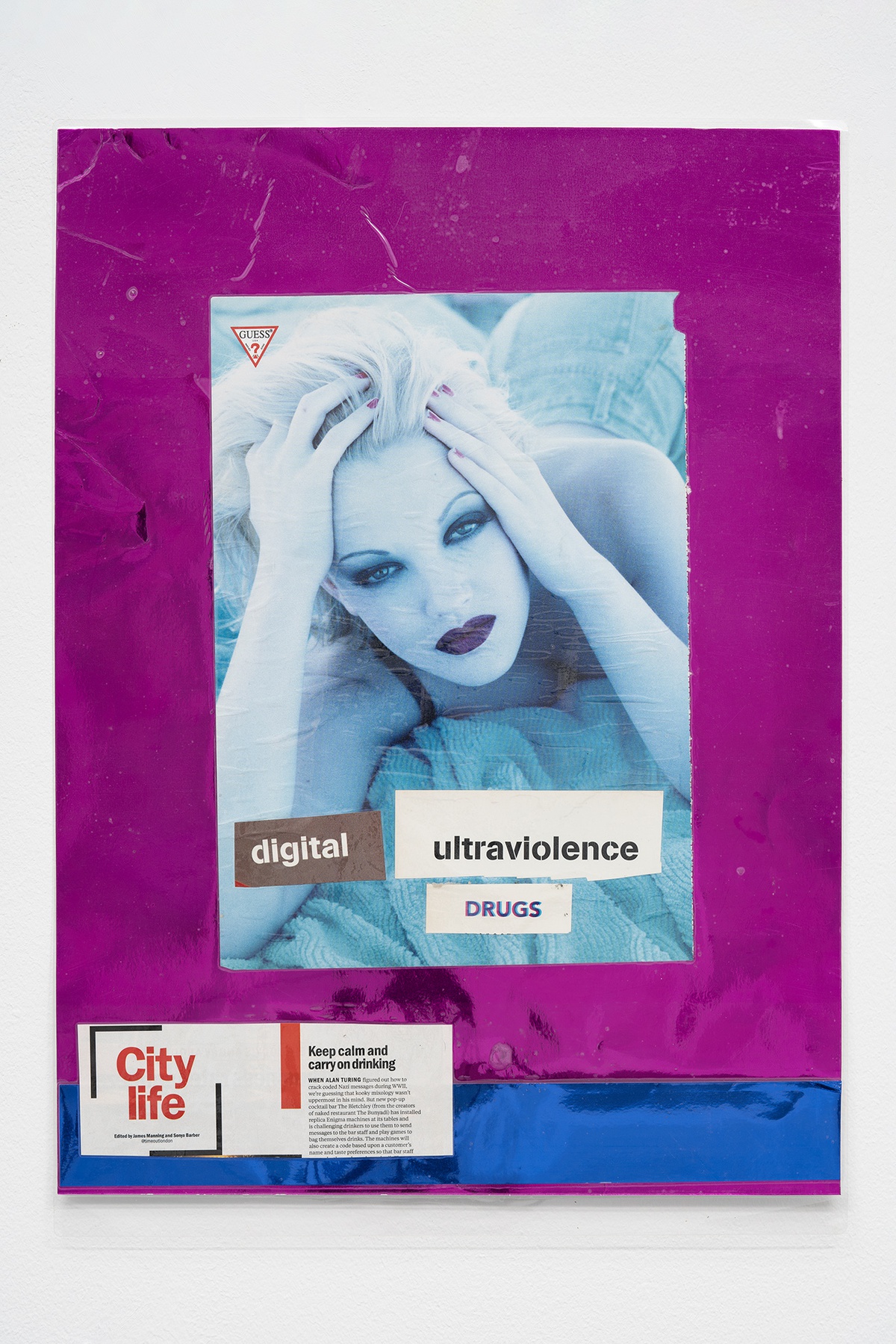 Richard Sides, Untitled (Drew Barrymore digital ultraviolence DRUGS City life Keep calm...)’, 2018laminated mixed media60 x 42,5 cm