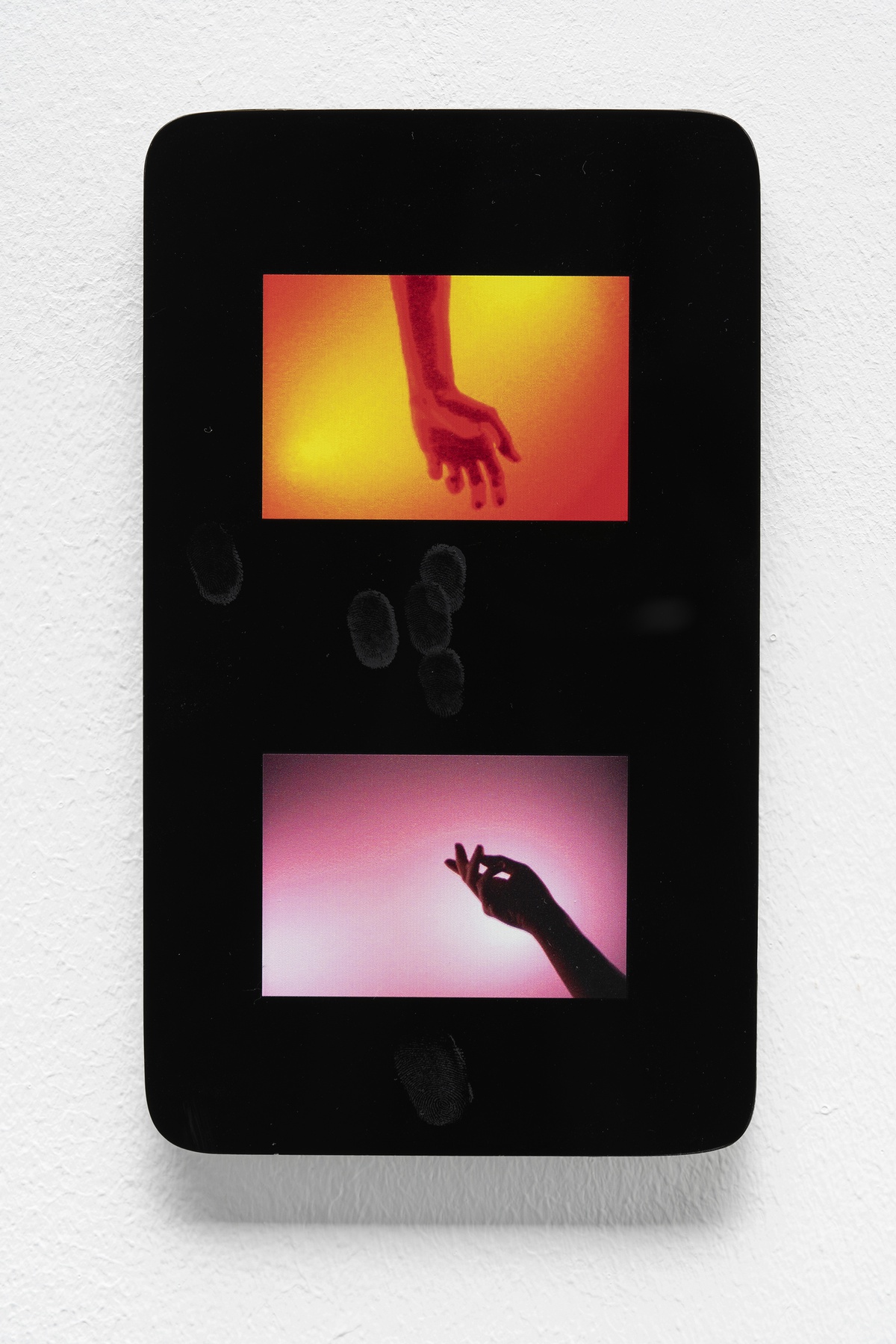 Jenna Bliss, Friendship #5plexiglass, UV print of iSight webcam photo, acrylic paint12.7 × 21.6 × 0.95 cm