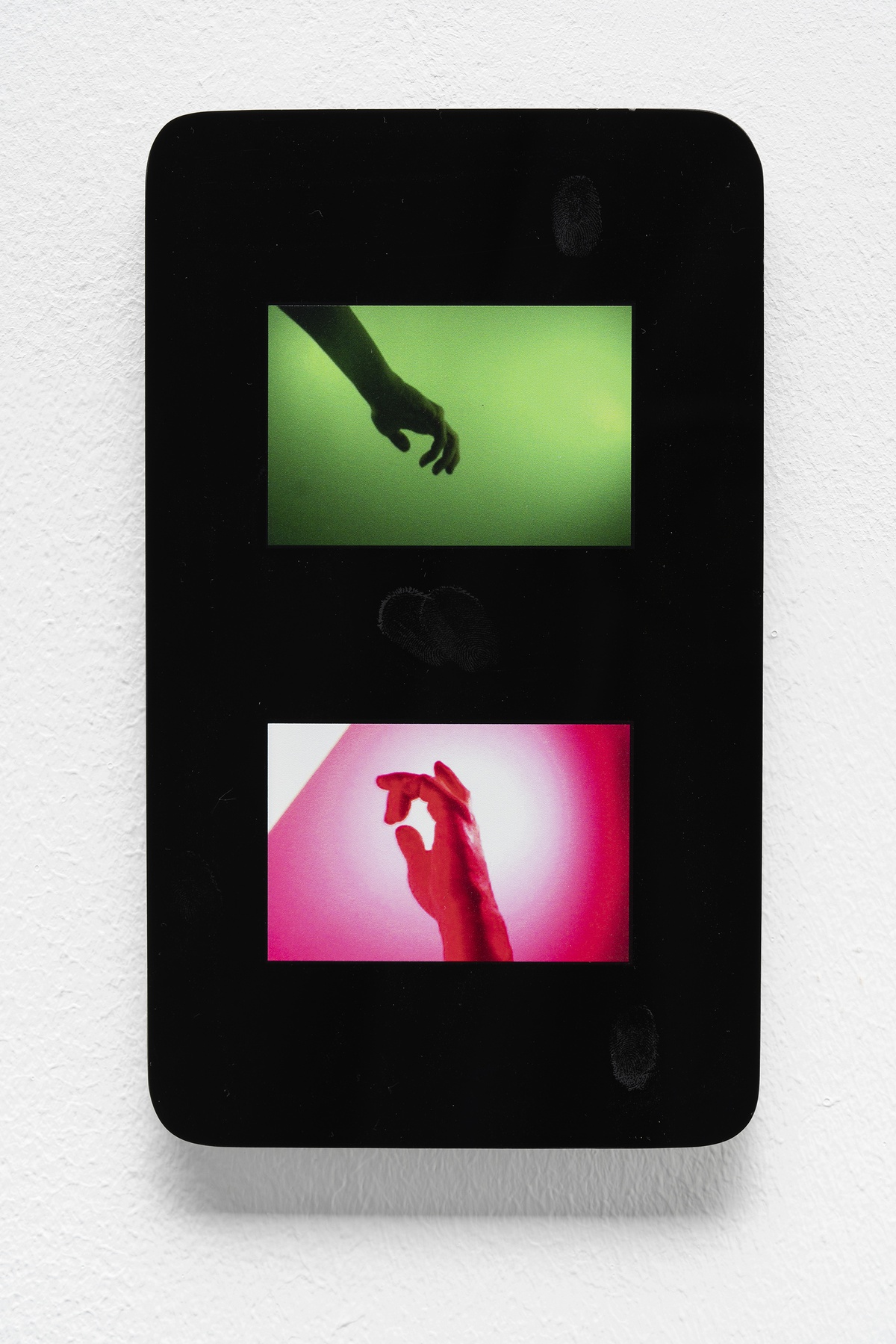 Jenna Bliss, Friendship #2plexiglass, UV print of iSight, webcam photo, acrylic paint12.7 × 21.6 × 0.95 cm