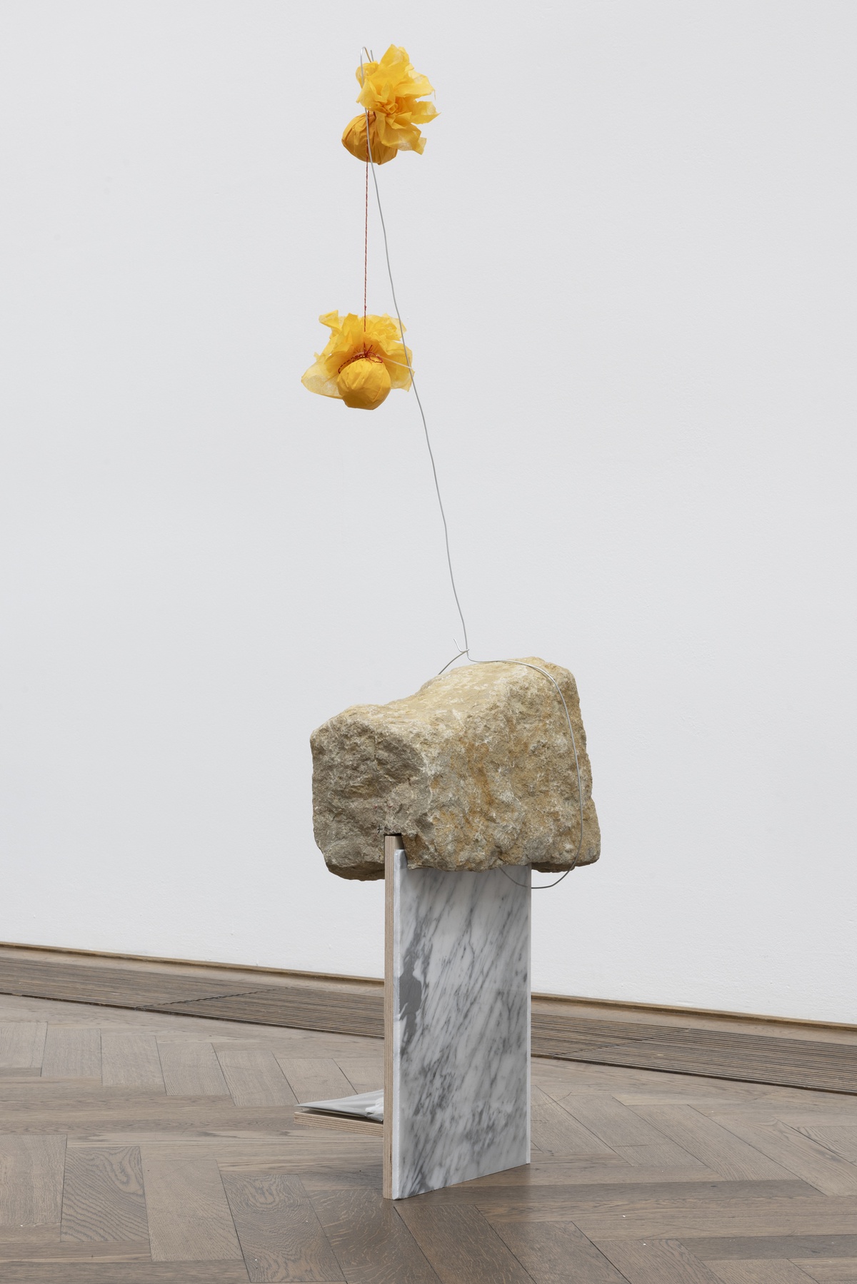 Phung-Tien Phan, Tom 1, 2023aluminium, cable ties, cellophane, cloth cord, digital print on paper, doll clothes, marble, paper napkins, photo cardboard, steel wire, stone, wood153 x 38 x 23 cm