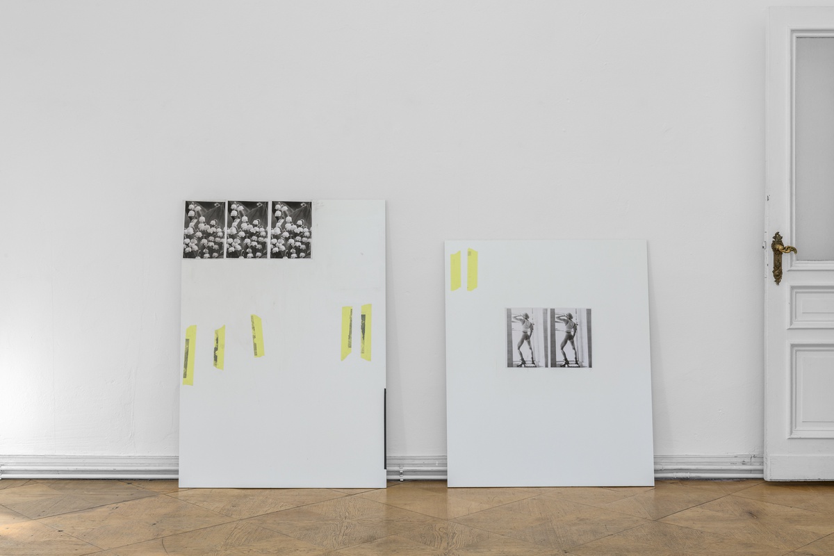 Tanja Widmann, B-side SL (Girlfriends) Plot from the series Lying Daughters. Produced by Johannes Porsch, 2025inkjet prints, yellow masking tape on White FH Particle Board140 × 100 × 1.9 cmTanja Widmann, B-side SL (Girlfriends) Outline from the series Lying Daughters. Produced by Johannes Porsch, 2025inkjet prints, yellow masking tape on White FH Particle Board120 × 100 × 1.9 cm