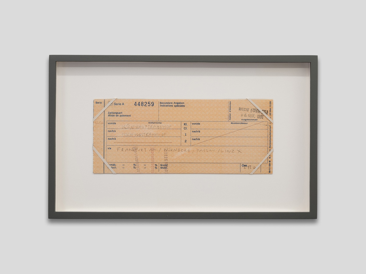 Ariane MuellerIllegal Travel Documents (Köln – Wien), 1990 – 1993Eraser and pencil and on travel document, PVC foil, paper strips8,3 x 20 cm, framed 18 x 29,5 cm