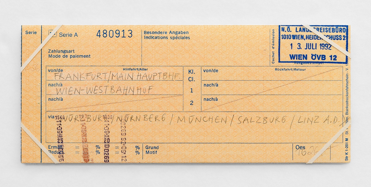 Ariane MüllerIllegal Travel Documents (Frankfurt - Wien), 1990 – 1993pencil and eraser on print document8,3 x 20 cm
