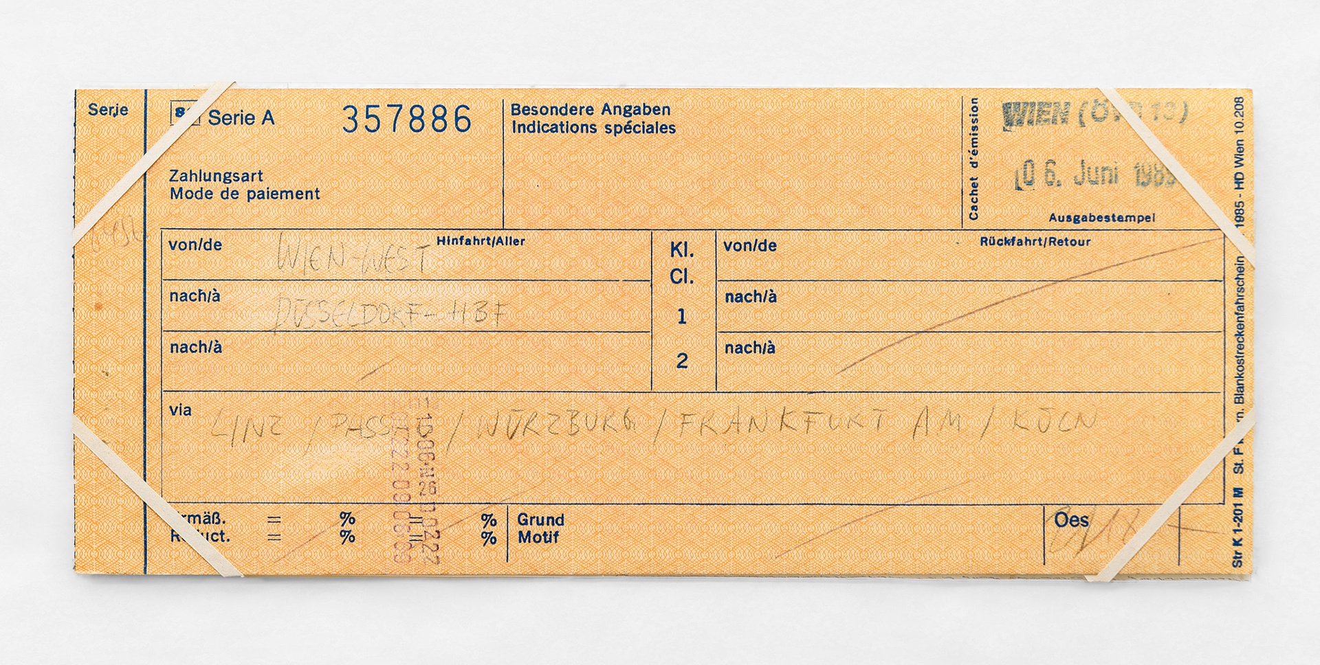 Ariane Mueller, Illegal Travel Documents (Wien – Düsseldorf), 1990 – 1993eraser and pencil and on travel document, PVC foil, paper strips8,3 x 20 cm