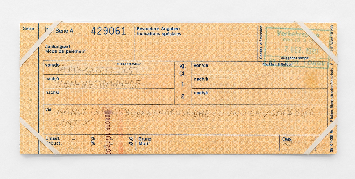 Ariane Mueller, Illegal Travel Documents (Paris – Wien), 1990 – 1993eraser and pencil and on travel document, PVC foil, paper strips8,3 x 20 cm