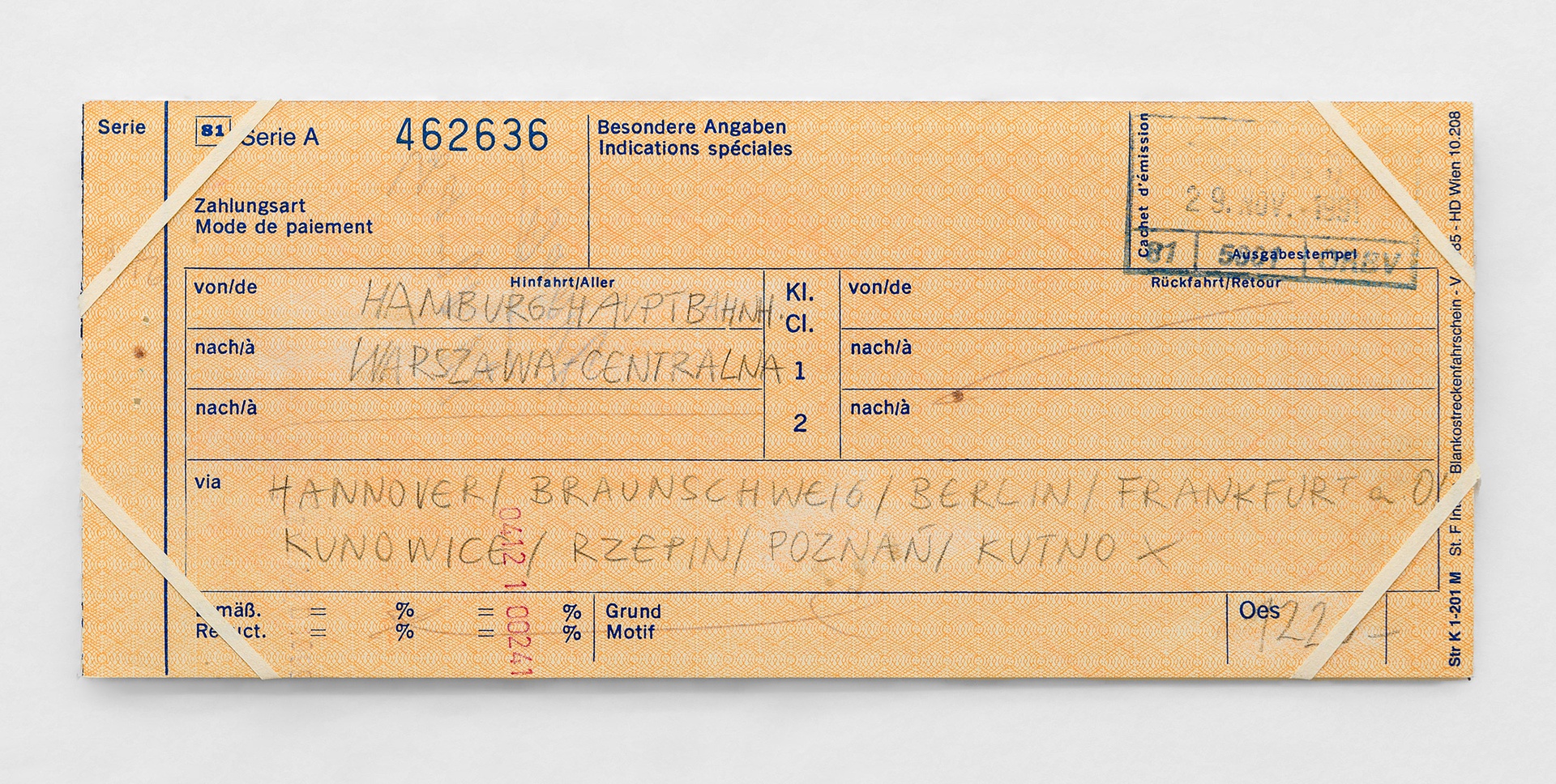 Ariane Mueller, Illegal Travel Documents (Hamburg – Warsaw), 1990 – 1993eraser and pencil and on travel document, PVC foil, paper strips8,3 x 20 cm