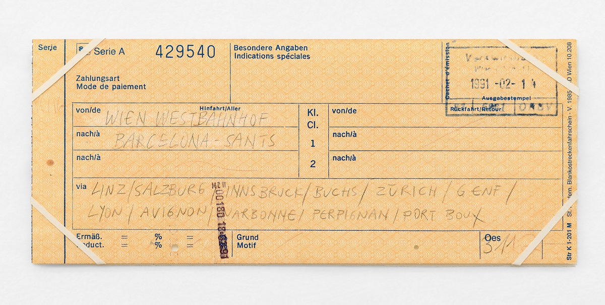 Ariane Müller, Illegal Travel Documents (Wien – Barcelona), 1990 - 1993pencil and eraser on print document8,3 x 20 cm
