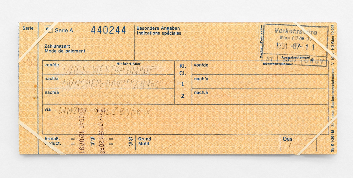 Ariane Müller, Illegal Travel Documents (Wien - München), 1990 – 1993pencil and eraser on print document8,3 x 20 cm