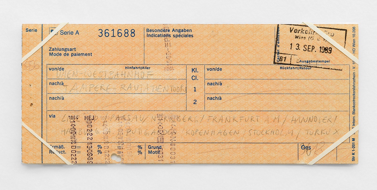 Ariane Müller, Illegal Travel Documents (Wien - Tampere), 1990 – 1993pencil and eraser on print document8,3 x 20 cm