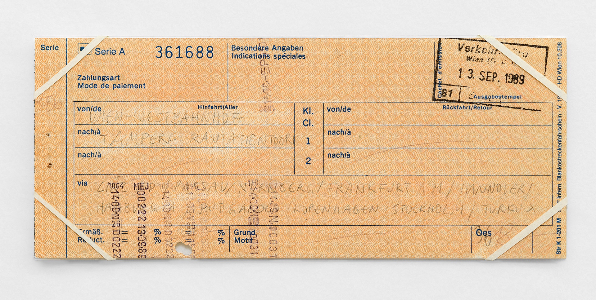 Ariane Mueller, Illegal Travel Documents (Wien – Tampare), 1990 – 1993eraser and pencil and on travel document, PVC foil, paper strips8,3 x 20 cm