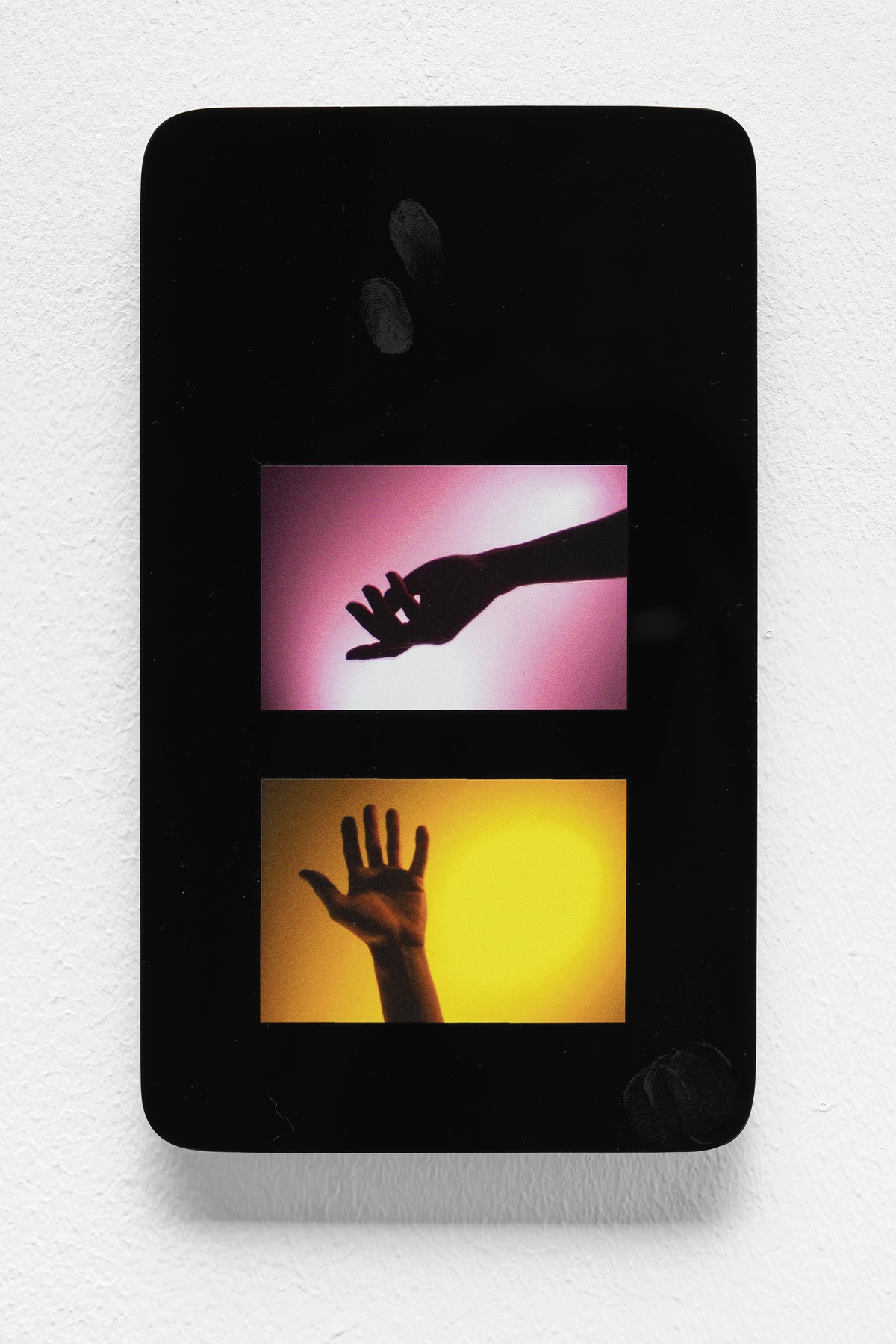 Jenna BlissFriendship #8Plexiglass, UV print of iSight webcam photo, Acrylic paint12.7 × 21.6 × 0.95 cm (3/8” × 5” × 8.5”)