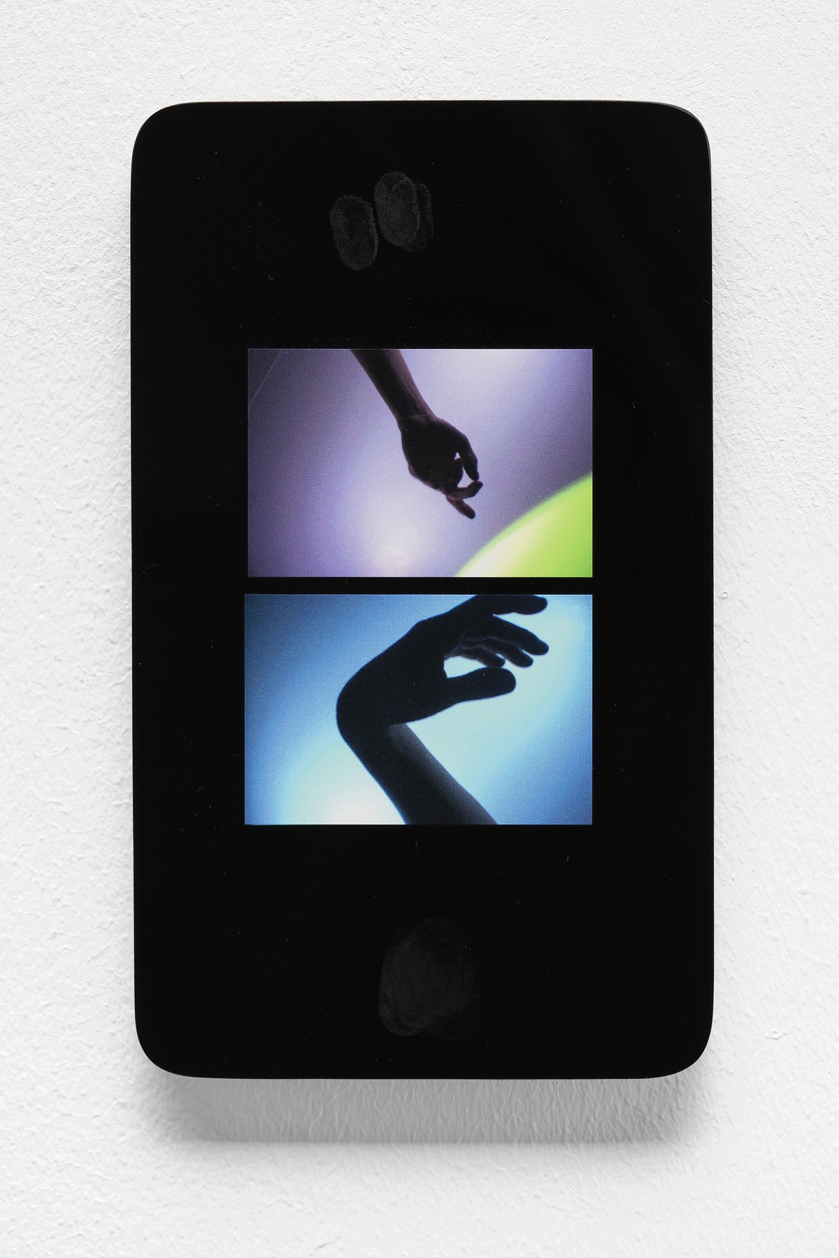 Jenna Bliss, Friendship #1plexiglass, UV print of iSight webcam photo, acrylic paint12.7 × 21.6 × 0.95 cm