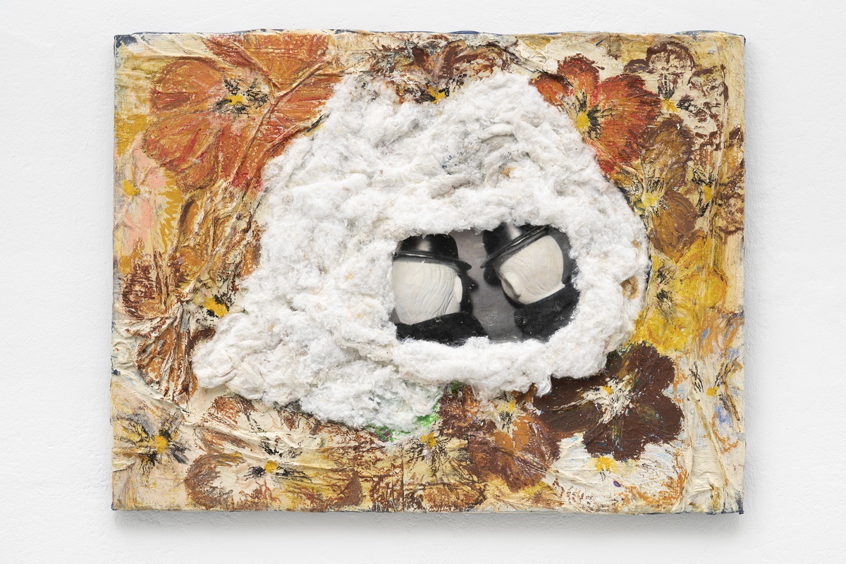 Nico Ihlein, ZdF Matinee, 2021fabric, filling, varnish, glue, oil crayon, paper maché and transferprint on wood panel58 × 76 × 5 cm