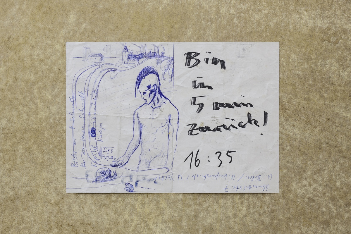 Philipp Simon, Bin in 5 min zurück [Be back in 5 min], 2021ball pen and marker on paper21 x 29,7 cm