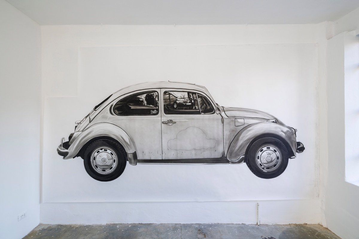 Angharad Williams, VW Beetle 1970, 2022charcoal on paper, 248 x 434 cm